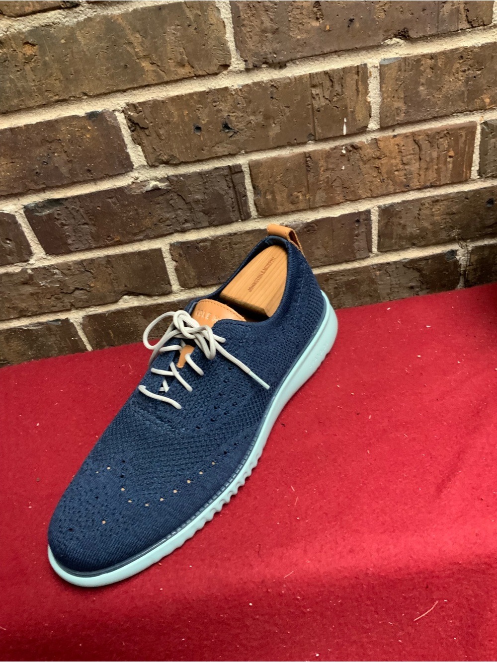 Cole Haan Navy Knit Sneaker with Light Blue Sole and Tan Accents
